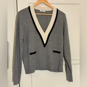Sandro V-Neck Sweater in Gray with Black and Cream Accents